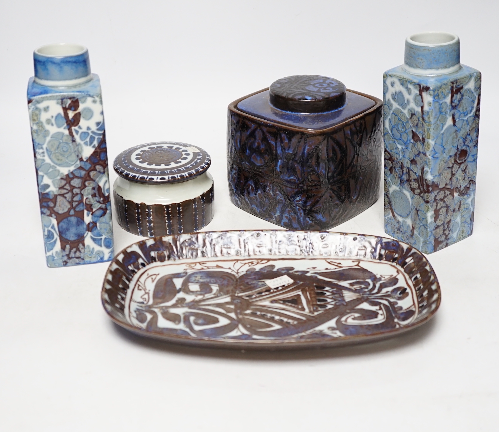 A pair of Royal Copenhagen pottery ‘fajance’ blue glaze vases and a squat jar and cover, together with an Alumina ware larger jar and cover and a rectangular tray signed CK, tallest 19cm